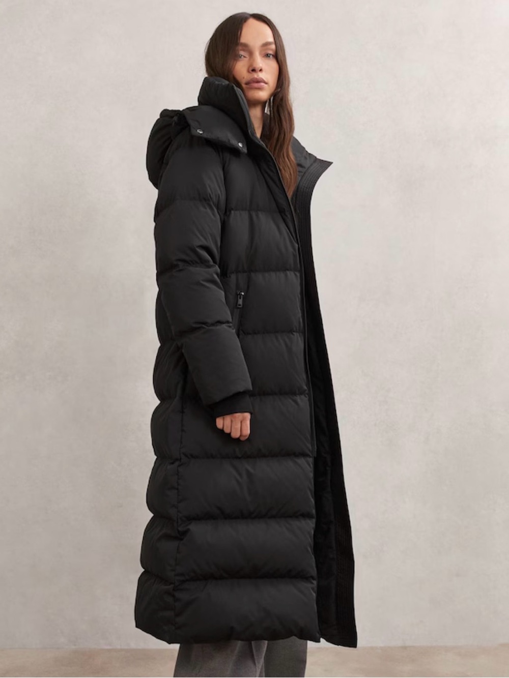 Reiss Black Long Quilted Puffer Coat with Hood